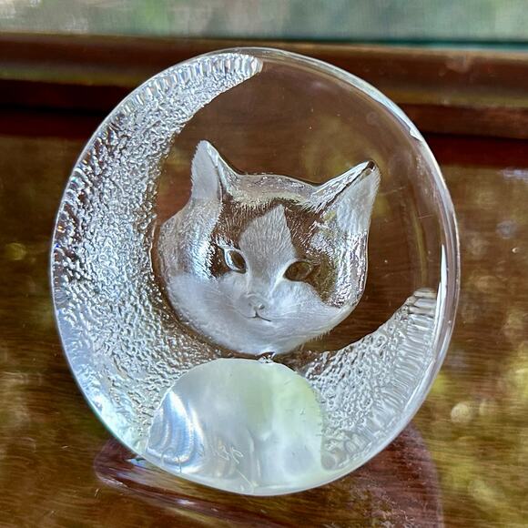 Vintage Clear Glass Cat Face Paperweight, Frosted Intaglio Kitty - Picture 10 of 12